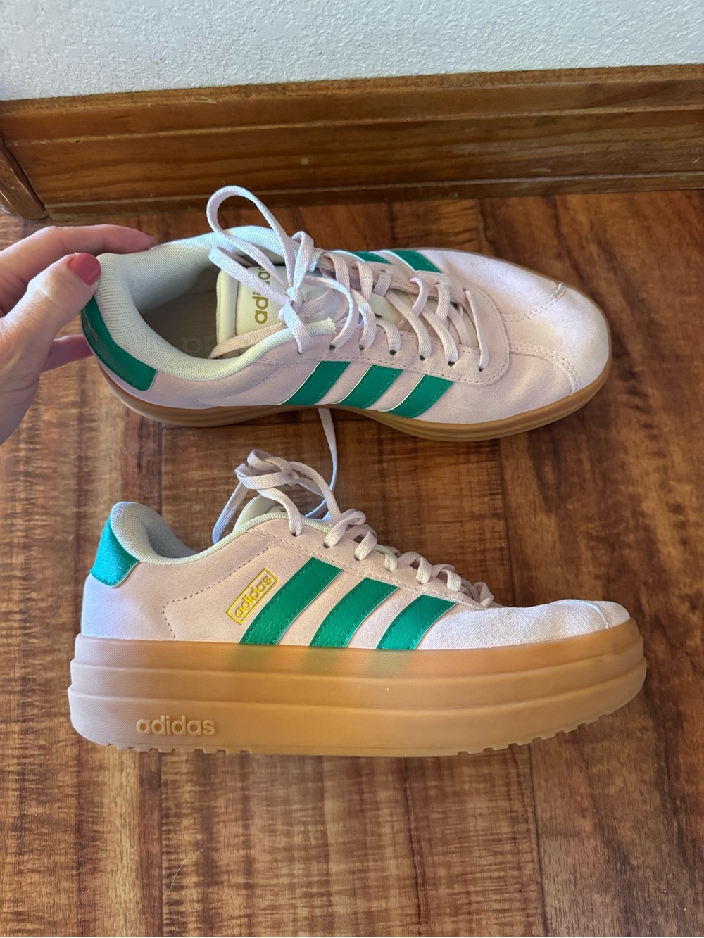 adidas Women’s Pale Pink Sneakers with Teal Stripes & Gum Sole